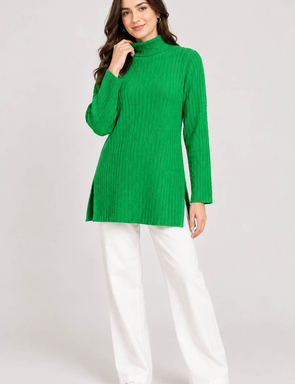   SHEIN green ribbed turtleneck jumper in UK Size L, featuring full sleeves, a straight fit and two side slits. A versatile women's knit for everyday styling.