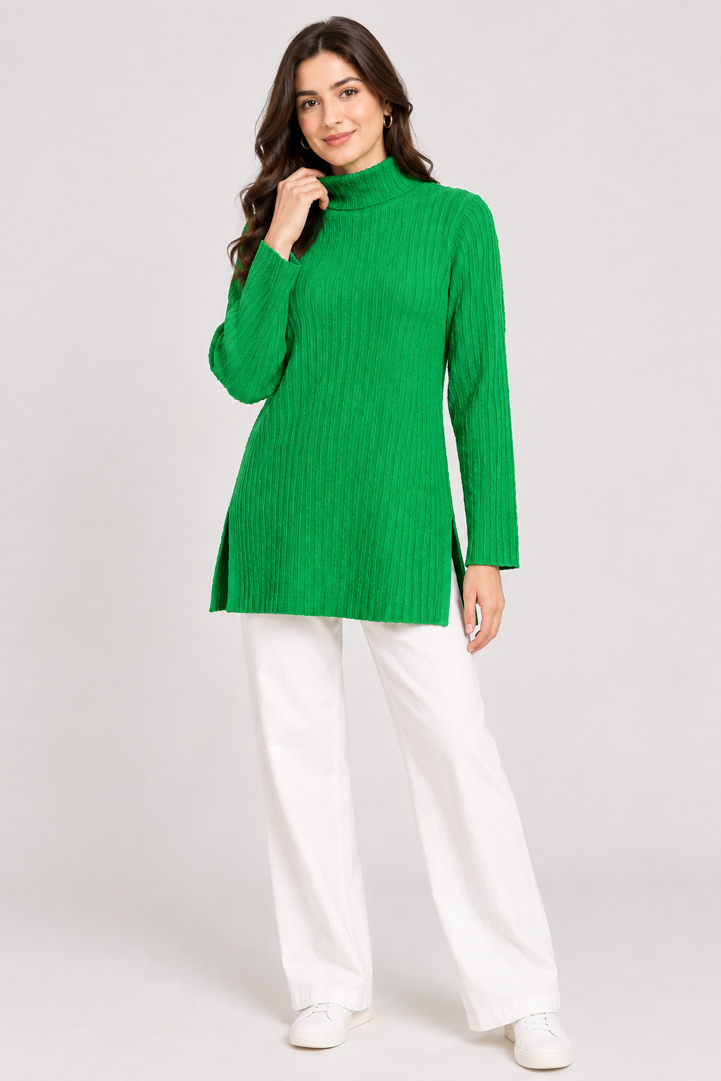   SHEIN green ribbed turtleneck jumper in UK Size L, featuring full sleeves, a straight fit and two side slits. A versatile women's knit for everyday styling.