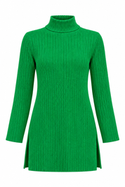   SHEIN green ribbed turtleneck jumper in UK Size L, featuring full sleeves, a straight fit and two side slits. A versatile women's knit for everyday styling.