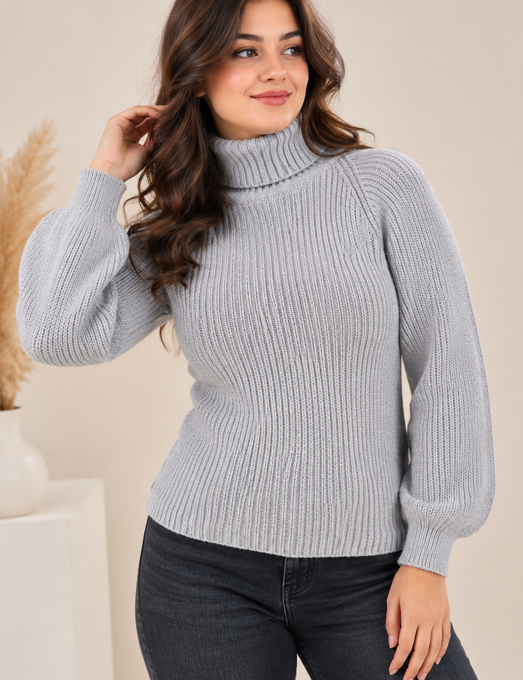  SHEIN women’s grey ribbed turtleneck jumper in UK Size XS, featuring a stylish chest cut-out and balloon sleeves. Original UK customer return.