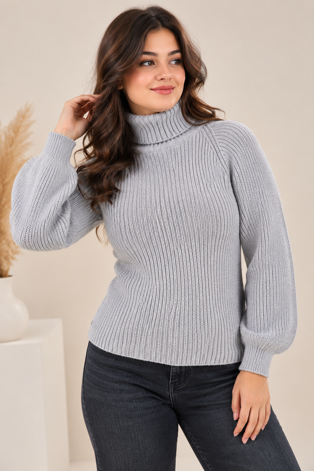  SHEIN women’s grey ribbed turtleneck jumper in UK Size XS, featuring a stylish chest cut-out and balloon sleeves. Original UK customer return.