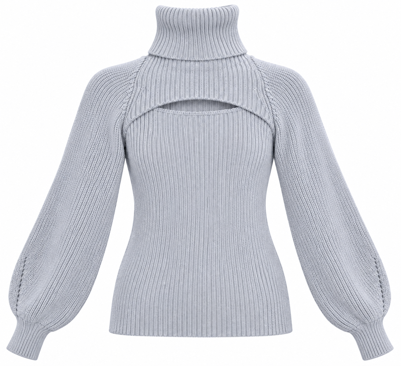  SHEIN women’s grey ribbed turtleneck jumper in UK Size XS, featuring a stylish chest cut-out and balloon sleeves. Original UK customer return.