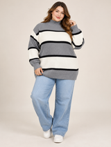 SHEIN Women Grey, White & Black Striped High Neck Knitted Jumper