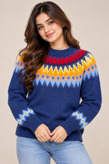 SHEIN Women Navy Blue Fair Isle Knitted Jumper