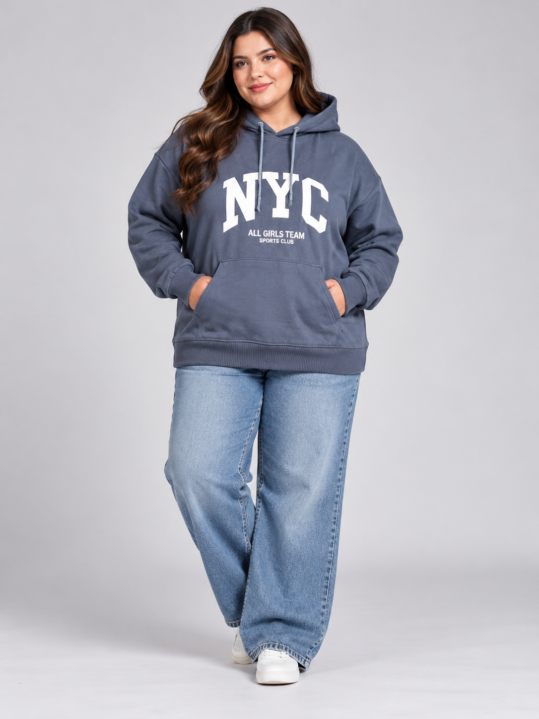 SHEIN Women's NYC Oversized Grey Hoodie in UK Size 4XL. Stylish plus-size pullover with bold graphic print, kangaroo pocket and relaxed casual fit.