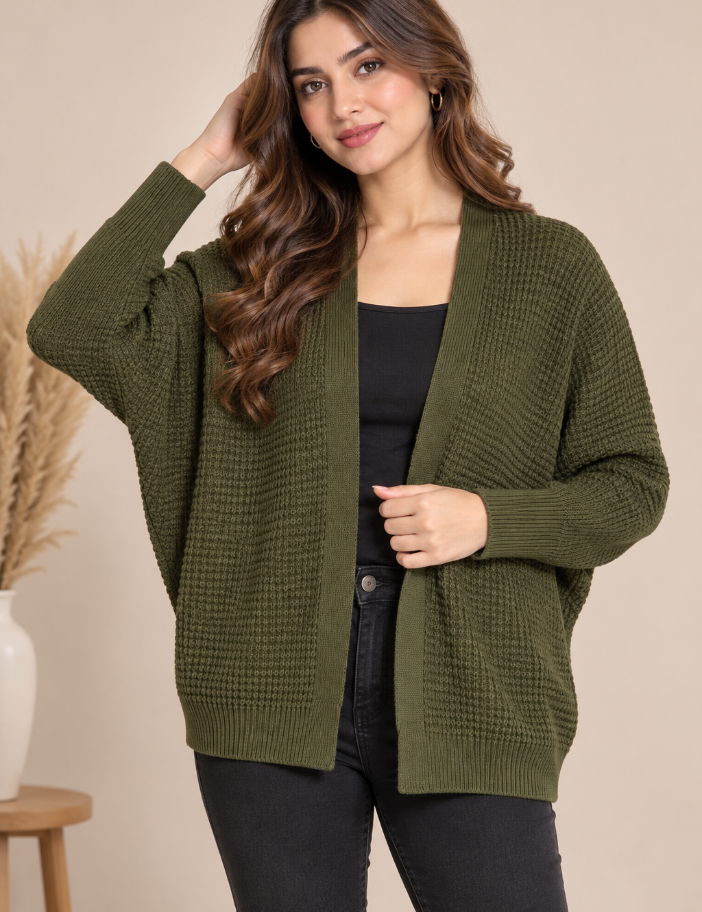  SHEIN women’s olive green oversized knit cardigan in UK Size L. Cosy textured knit with an open front and relaxed fit, ideal for everyday layering.
