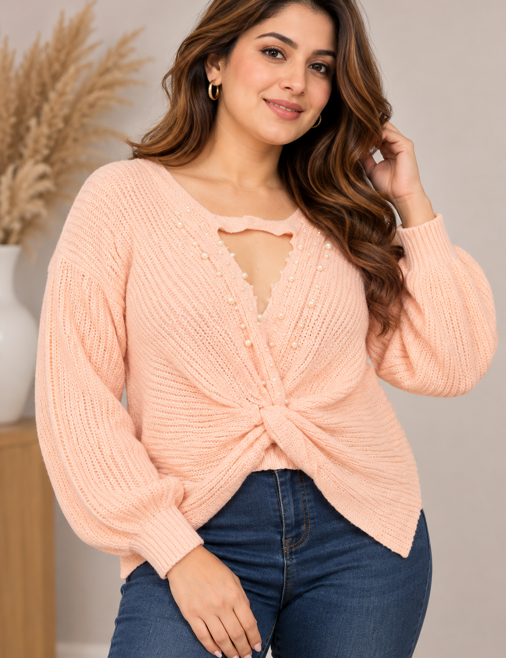   SHEIN women’s peach pink pearl-detail knit jumper in UK Size OXL, featuring long sleeves and an elegant twist-front design. Stylish everyday wear.
