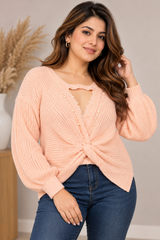 SHEIN Women Peach Pink Pearl Detail Twist-Front Knit Jumper