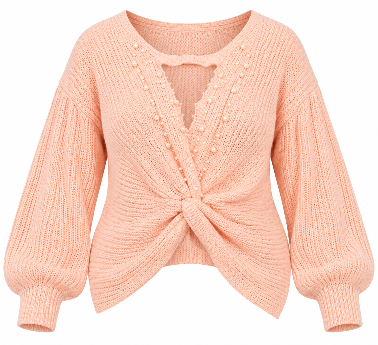   SHEIN women’s peach pink pearl-detail knit jumper in UK Size OXL, featuring long sleeves and an elegant twist-front design. Stylish everyday wear.