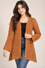 SHEIN Women Rust Orange Open Front Crochet Knit Long Cardigan