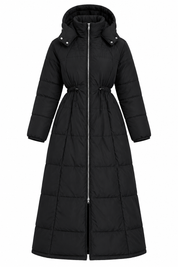  the SHEIN Women’s Black Longline Quilted Puffer Coat in UK 4XL. Hooded padded design with full zip and adjustable waist, ideal for stylish winter wear.