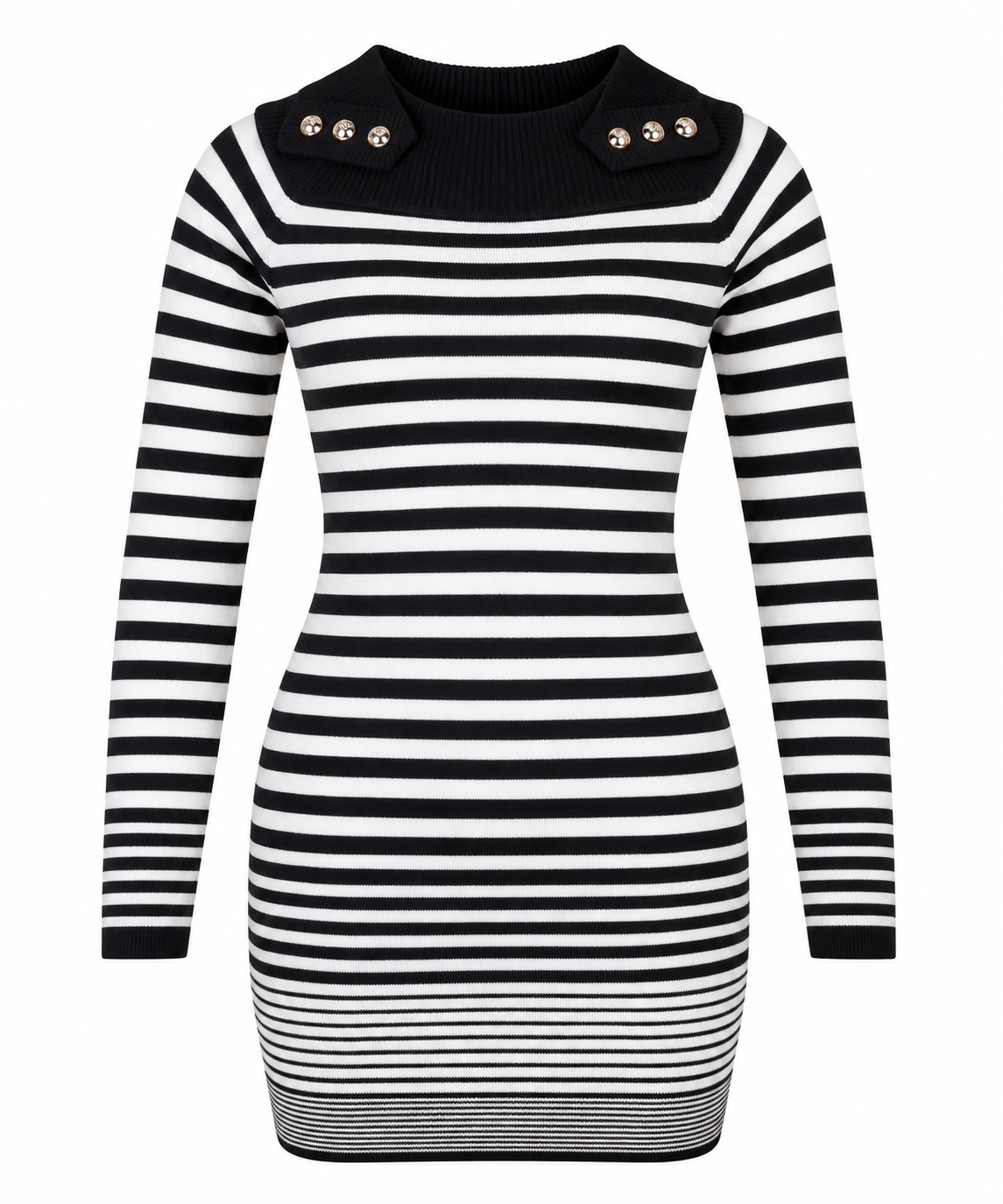 Shein women’s black & white striped knitted jumper dress in UK Size S, featuring long sleeves, a fitted silhouette and stylish shoulder button details.