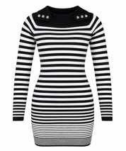 Shein women’s black & white striped knitted jumper dress in UK Size S, featuring long sleeves, a fitted silhouette and stylish shoulder button details.
