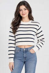 SHEIN Women’s Cream & Navy Striped Cropped Knit Sweater