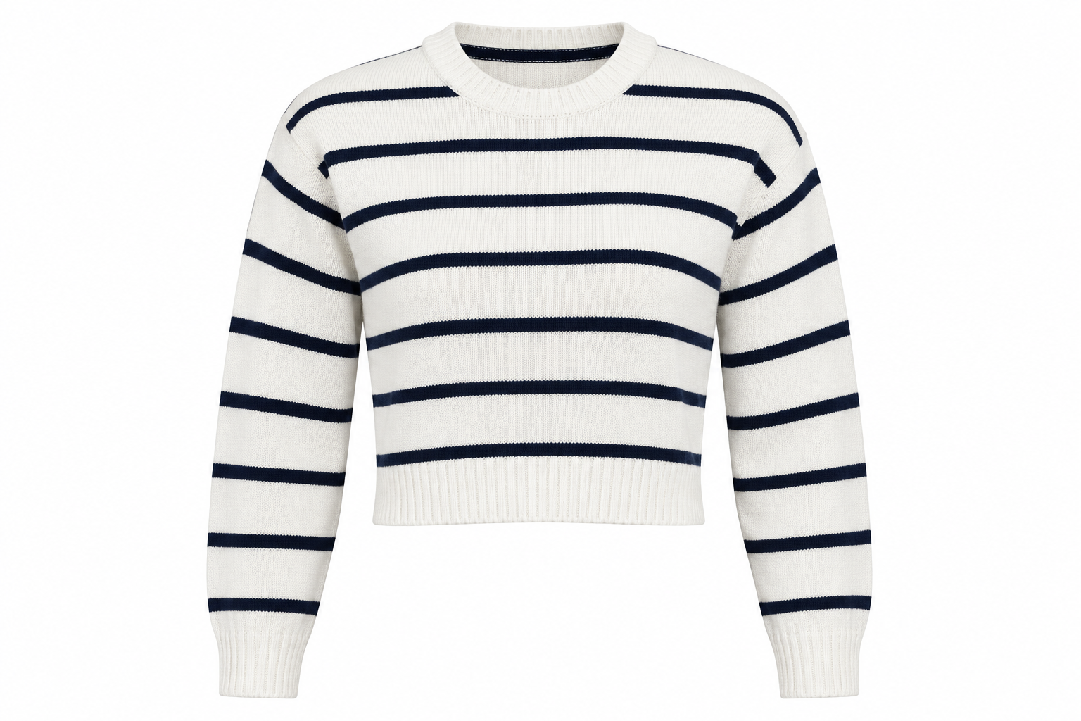  SHEIN women’s cream and navy striped cropped knit sweater in UK XS. Stylish crew neck, long sleeves and ribbed finish for versatile everyday wear.