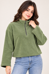 SHEIN Women Light Green Half-Zip Fleece Pullover