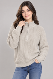  SHEIN Women's Beige Chunky Knit Half-Zip Sweater in UK Size L. Cozy textured knit, ribbed mock neck and long sleeves, perfect for casual winter outfits.
