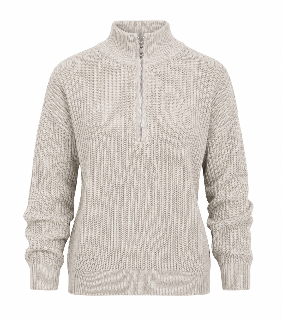  SHEIN Women's Beige Chunky Knit Half-Zip Sweater in UK Size L. Cozy textured knit, ribbed mock neck and long sleeves, perfect for casual winter outfits.