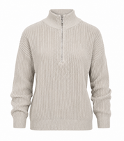  SHEIN Women's Beige Chunky Knit Half-Zip Sweater in UK Size L. Cozy textured knit, ribbed mock neck and long sleeves, perfect for casual winter outfits.