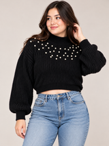 SHEIN Women's Black Pearl Embellished Cropped Knit Jumper