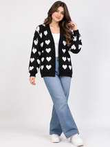 Signature Women's Black & White Heart Print Knitted Open Front Cardigan