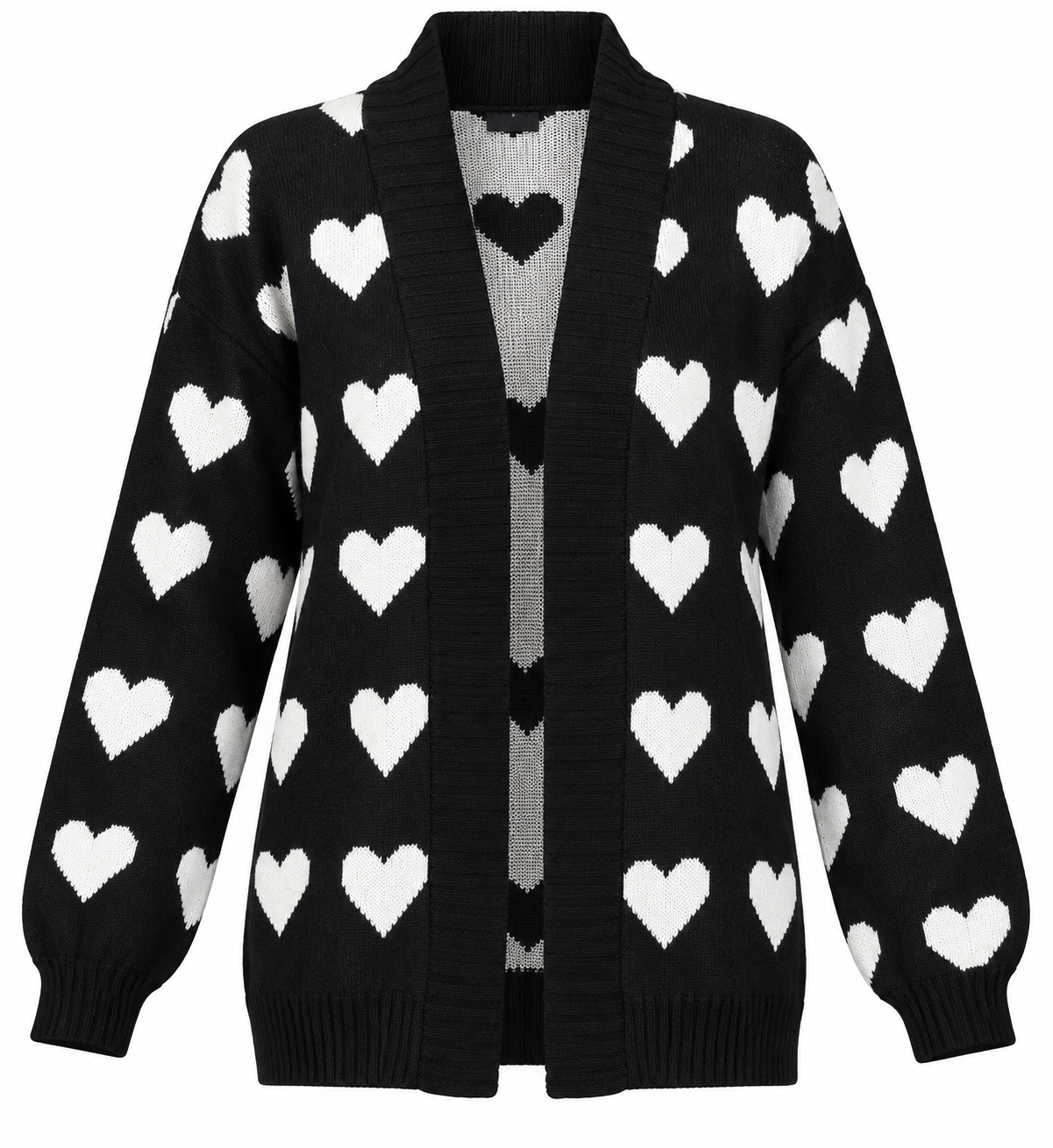  Signature Women's Black & White Heart Print Knitted Cardigan in UK Size L. Cozy open-front design, stylish heart pattern and comfortable everyday fit.