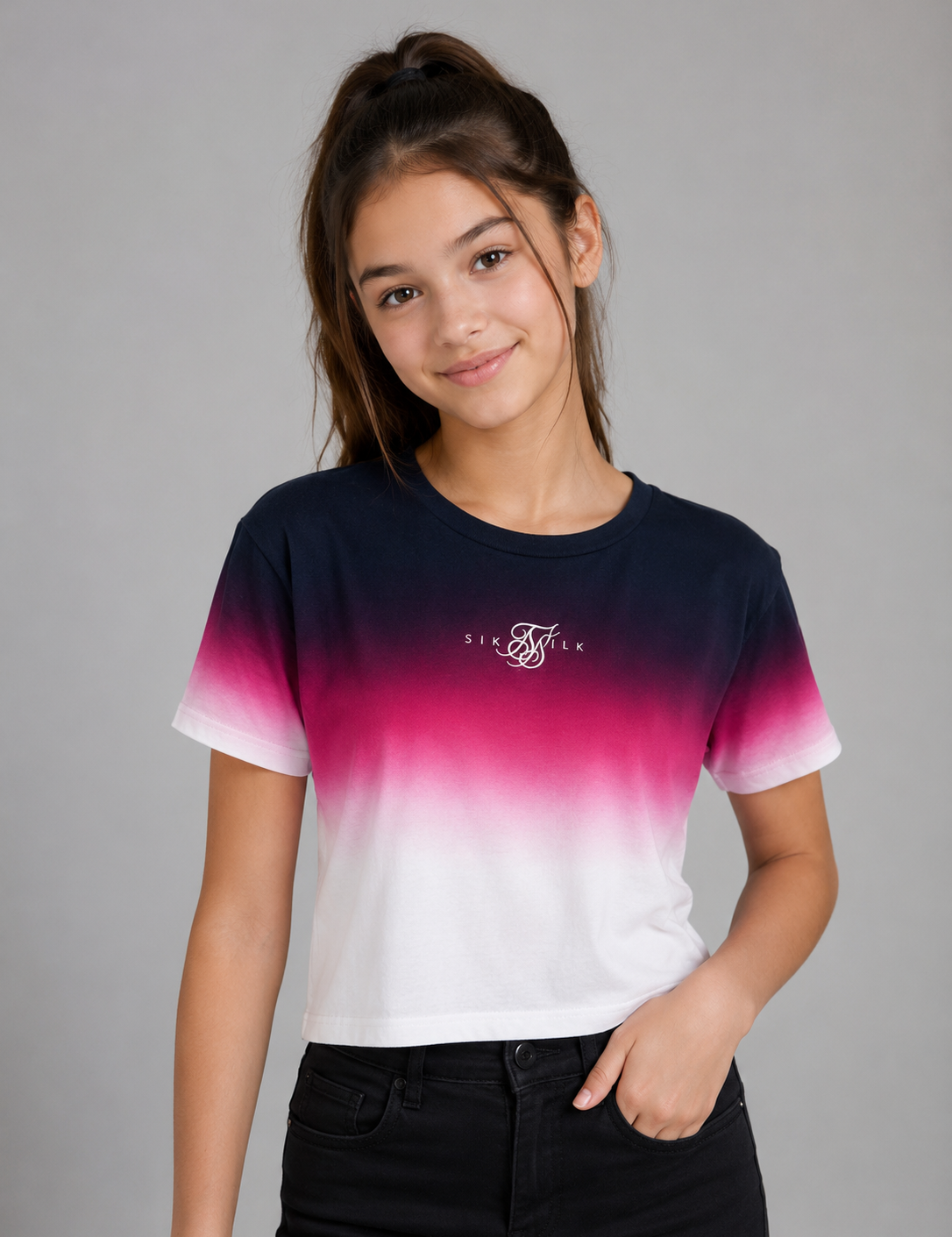 SIKSILK girls cropped T-shirt in UK Size 12, featuring a navy, pink and white ombre gradient design. Perfect for casual outfits.