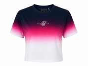 SIKSILK girls cropped T-shirt in UK Size 12, featuring a navy, pink and white ombre gradient design. Perfect for casual outfits.