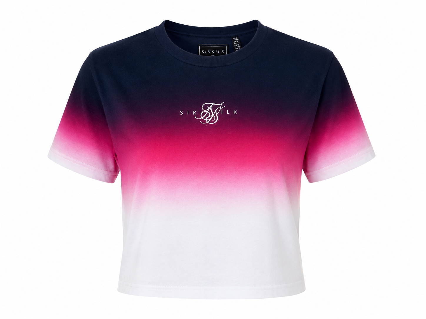 SIKSILK girls cropped T-shirt in UK Size 12, featuring a navy, pink and white ombre gradient design. Perfect for casual outfits.