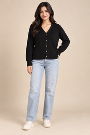  Simply Be women’s black ribbed knit button-front cardigan in UK Size L. Stylish V-neck layering piece with gold-tone buttons, available at a great price.