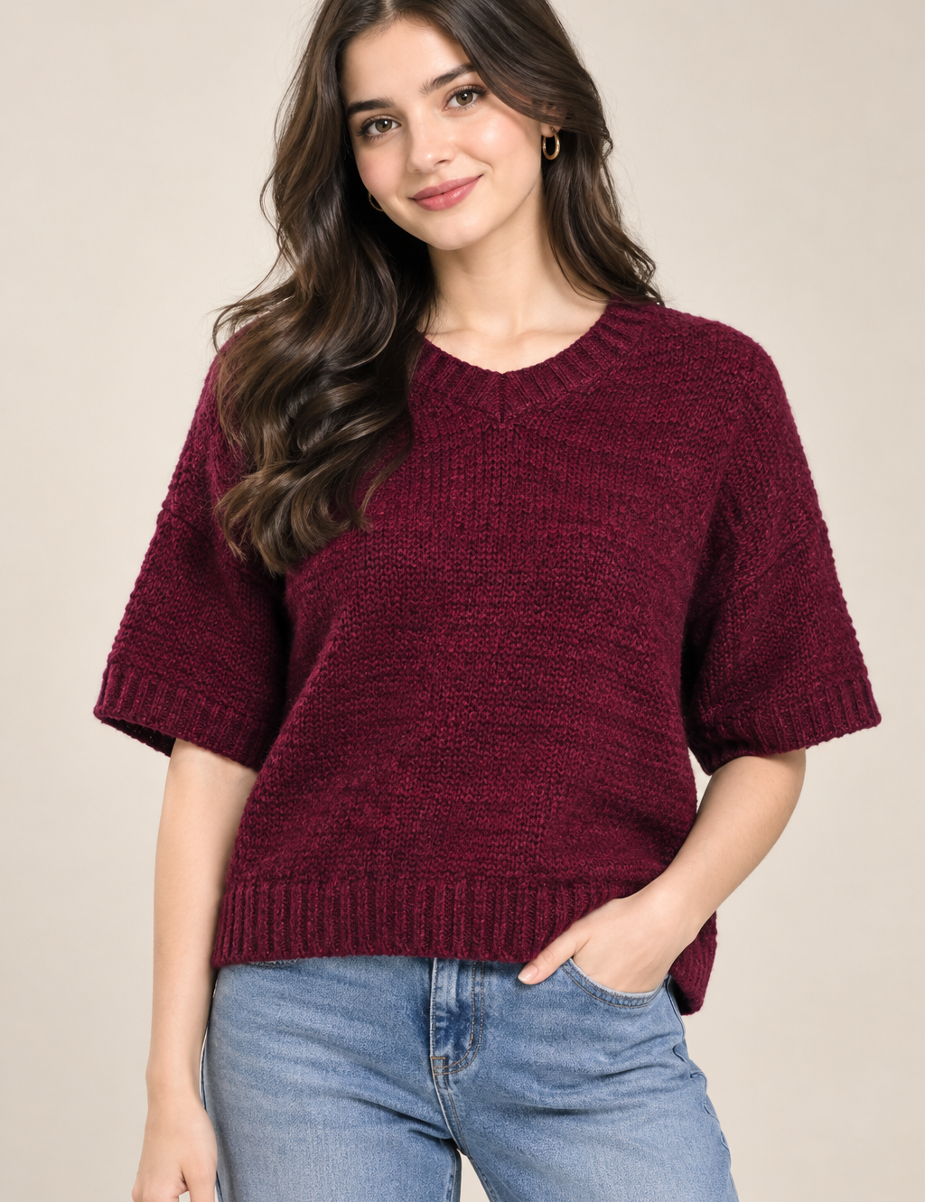   Simply Stock Shop burgundy knitted jumper in UK size L. Stylish relaxed fit, soft knit texture and wide short sleeves for comfortable everyday wear.