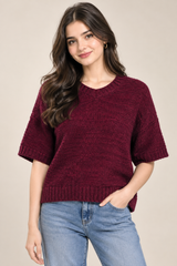 Simply Stock Shop Burgundy Knitted Short Sleeve Jumper