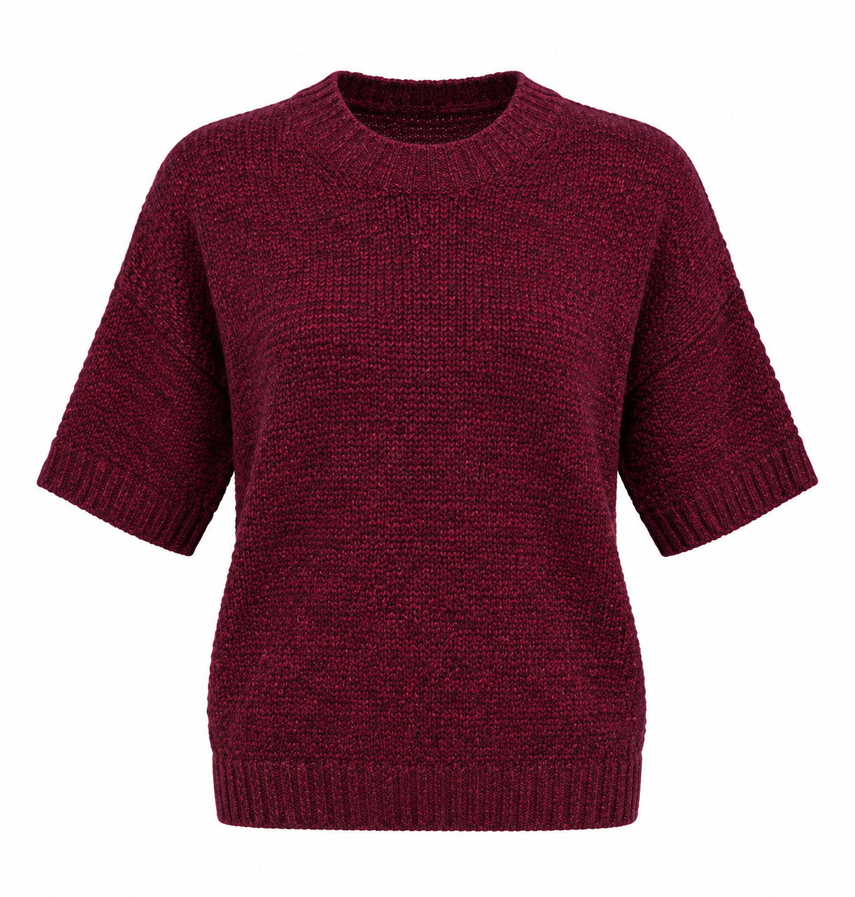   Simply Stock Shop burgundy knitted jumper in UK size L. Stylish relaxed fit, soft knit texture and wide short sleeves for comfortable everyday wear.