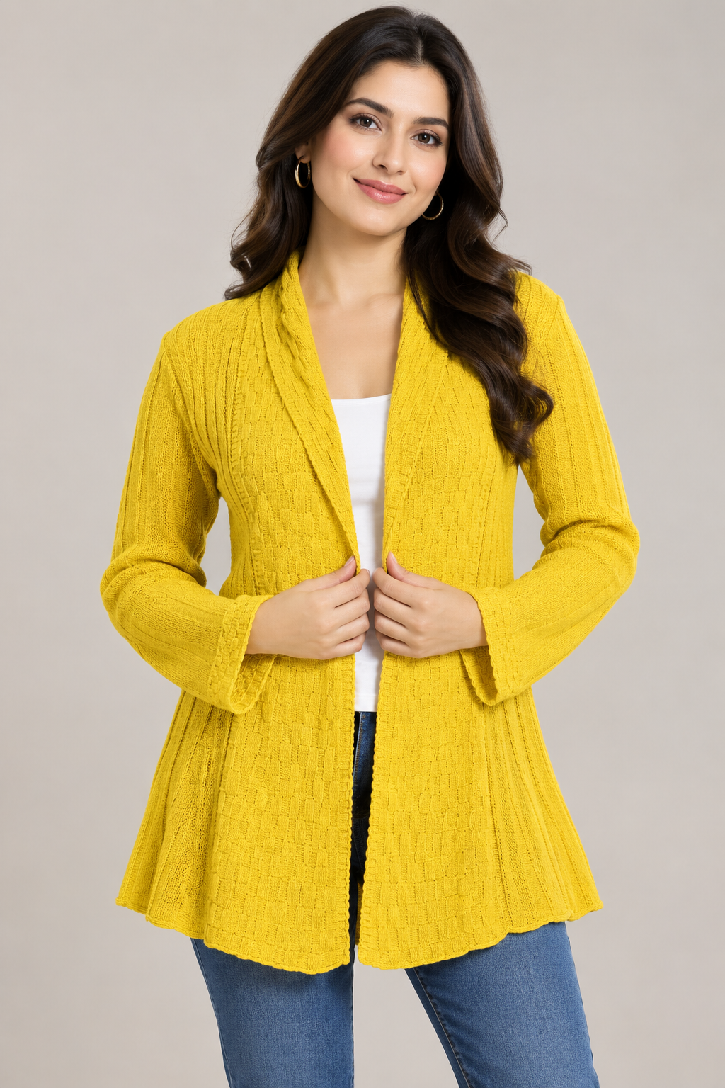XL. Textured open-front design, long sleeves and flattering flared fit, perfect for stylish layering.