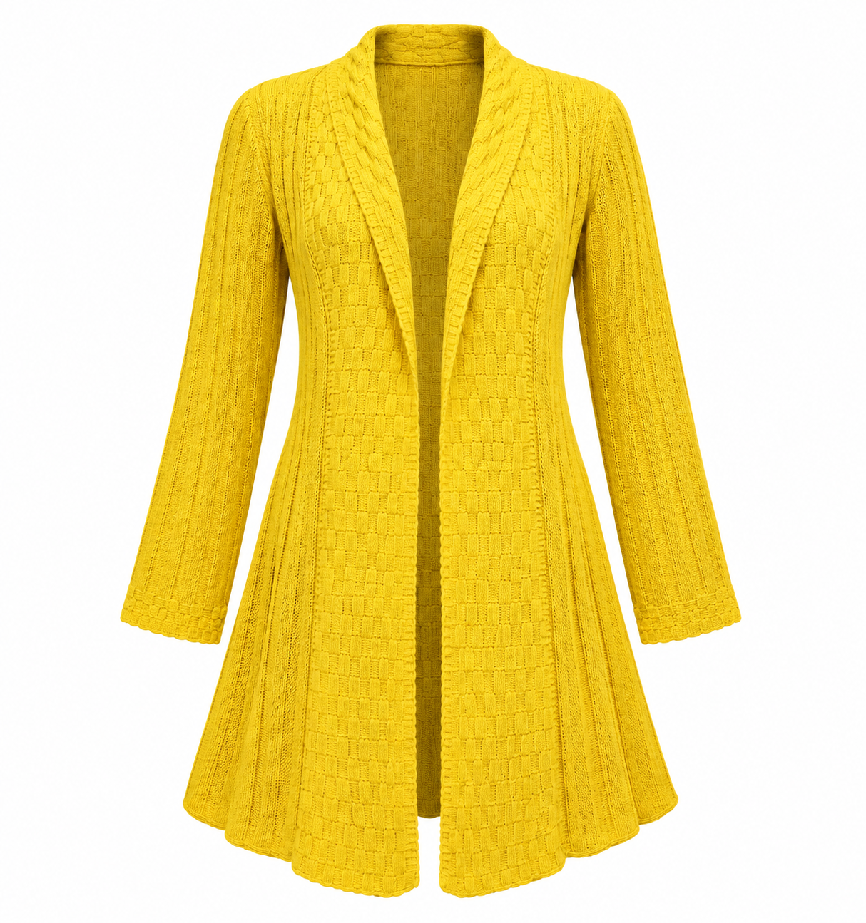 XL. Textured open-front design, long sleeves and flattering flared fit, perfect for stylish layering.