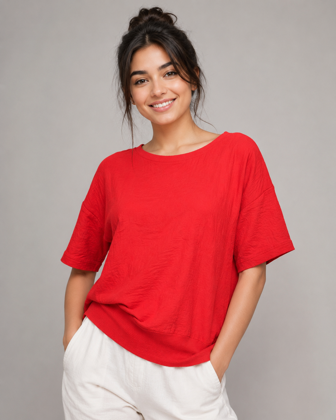  Simply Stock Shop red short sleeve top for women in UK Size M. Relaxed casual fit with crew neckline and ribbed hem, perfect for everyday styling.