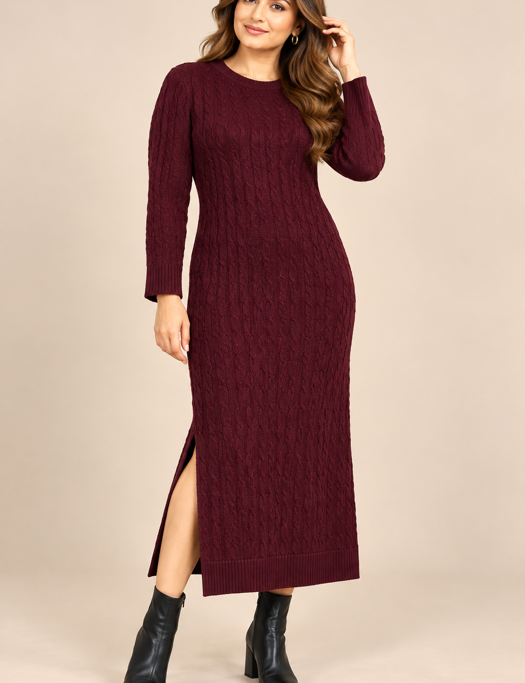  Simrans women’s burgundy cable knit long sweater dress in UK Size M. Features straight long sleeves, round neck, ribbed trims and a stylish side slit.