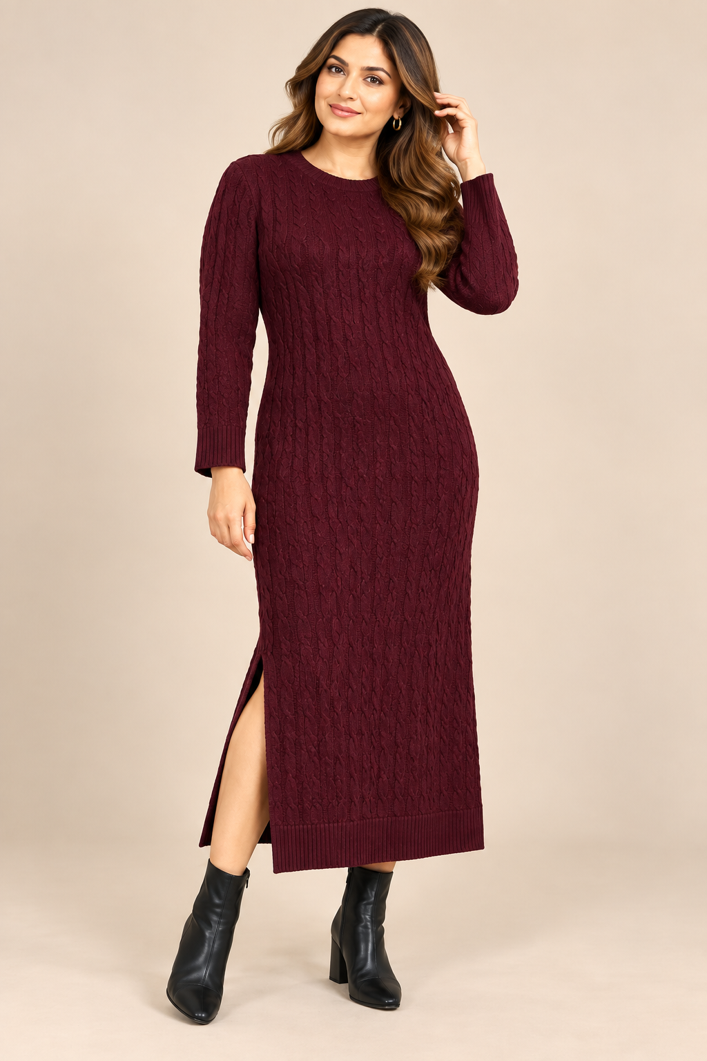  Simrans women’s burgundy cable knit long sweater dress in UK Size M. Features straight long sleeves, round neck, ribbed trims and a stylish side slit.