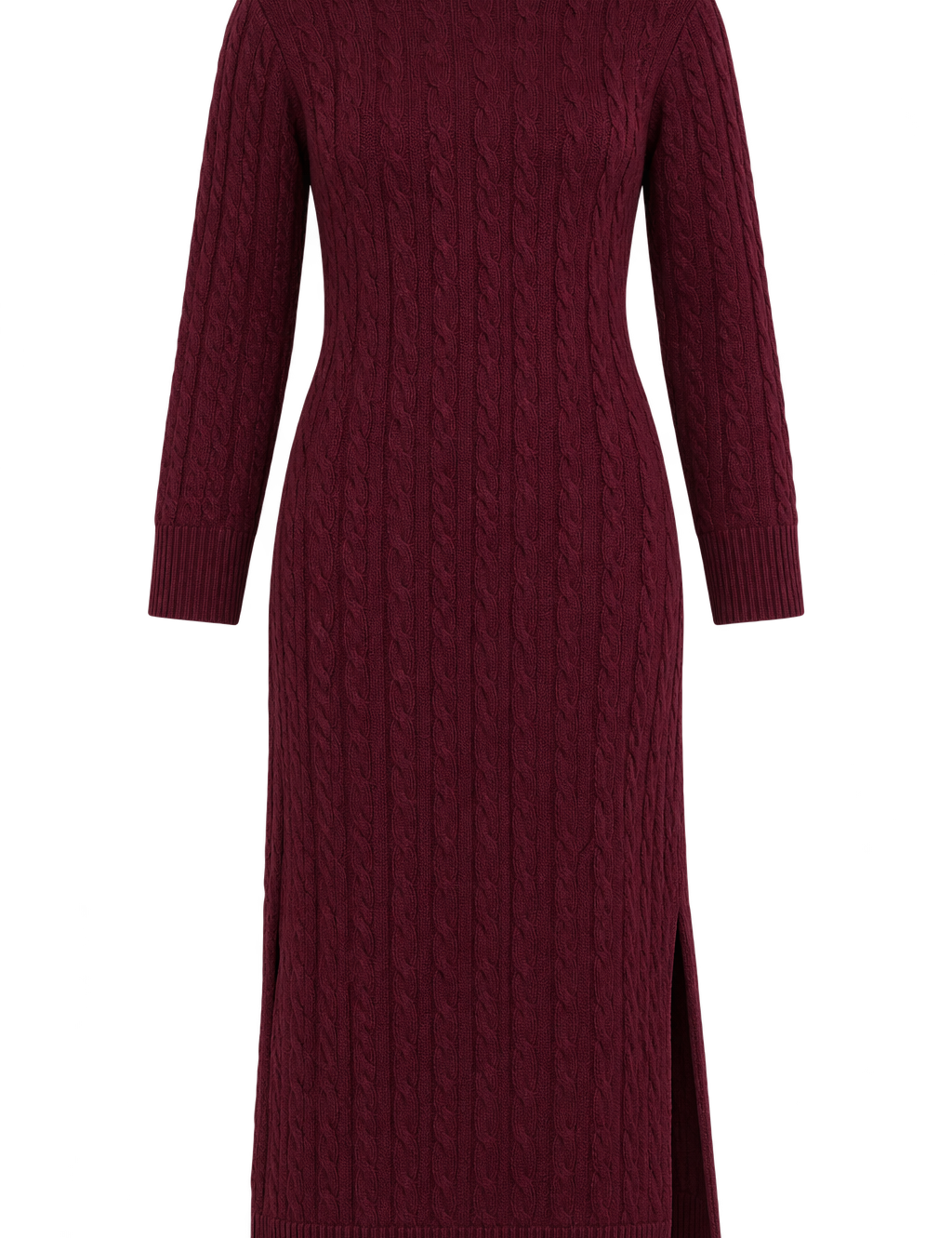  Simrans women’s burgundy cable knit long sweater dress in UK Size M. Features straight long sleeves, round neck, ribbed trims and a stylish side slit.