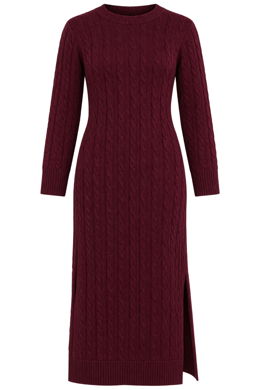  Simrans women’s burgundy cable knit long sweater dress in UK Size M. Features straight long sleeves, round neck, ribbed trims and a stylish side slit.
