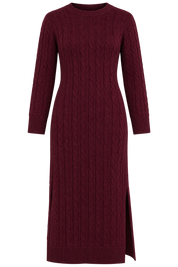  Simrans women’s burgundy cable knit long sweater dress in UK Size M. Features straight long sleeves, round neck, ribbed trims and a stylish side slit.