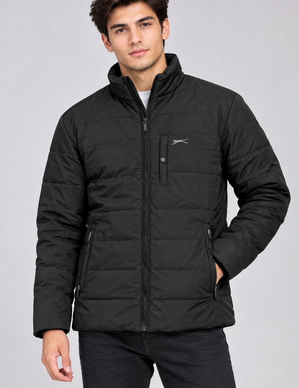  Slazenger men’s black padded puffer jacket in UK size L. Quilted warm design with high collar, full zip and secure pockets, ideal for winter wear.