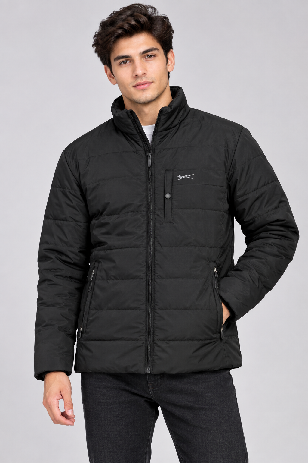 Slazenger men’s black padded puffer jacket in UK size L. Quilted warm design with high collar, full zip and secure pockets, ideal for winter wear.