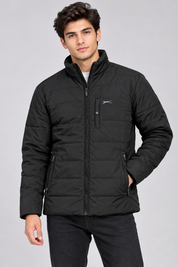  Slazenger men’s black padded puffer jacket in UK size L. Quilted warm design with high collar, full zip and secure pockets, ideal for winter wear.