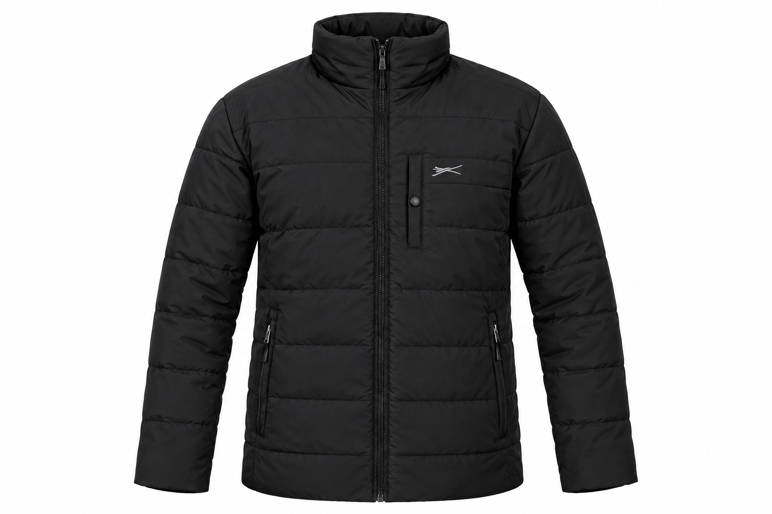  Slazenger men’s black padded puffer jacket in UK size L. Quilted warm design with high collar, full zip and secure pockets, ideal for winter wear.