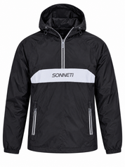 SONNETI LONDON men's black hooded half-zip windbreaker jacket in UK size L. Sporty pullover design with grey chest stripe and zip pockets.