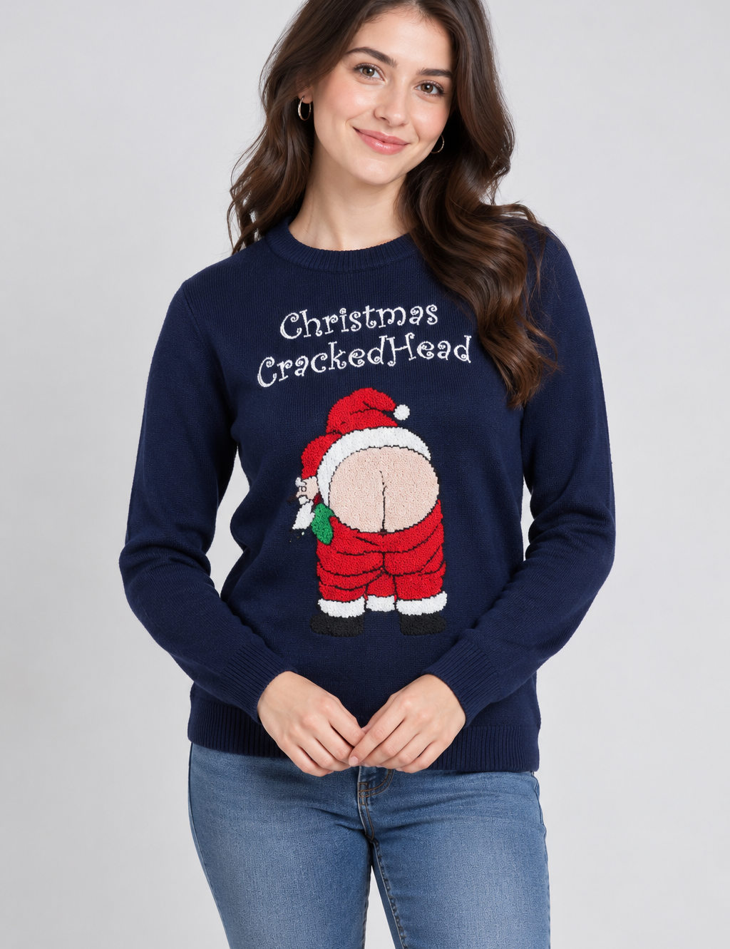 Soul Star women’s navy Christmas graphic knit jumper in UK size L. Featuring a fun Santa design, long sleeves and cosy winter style.