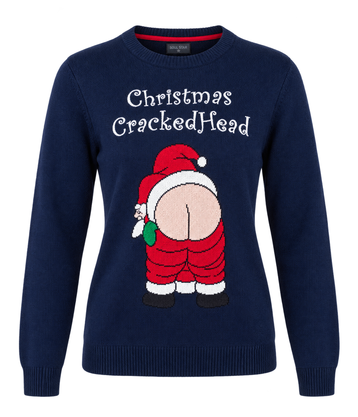 Soul Star women’s navy Christmas graphic knit jumper in UK size L. Featuring a fun Santa design, long sleeves and cosy winter style.