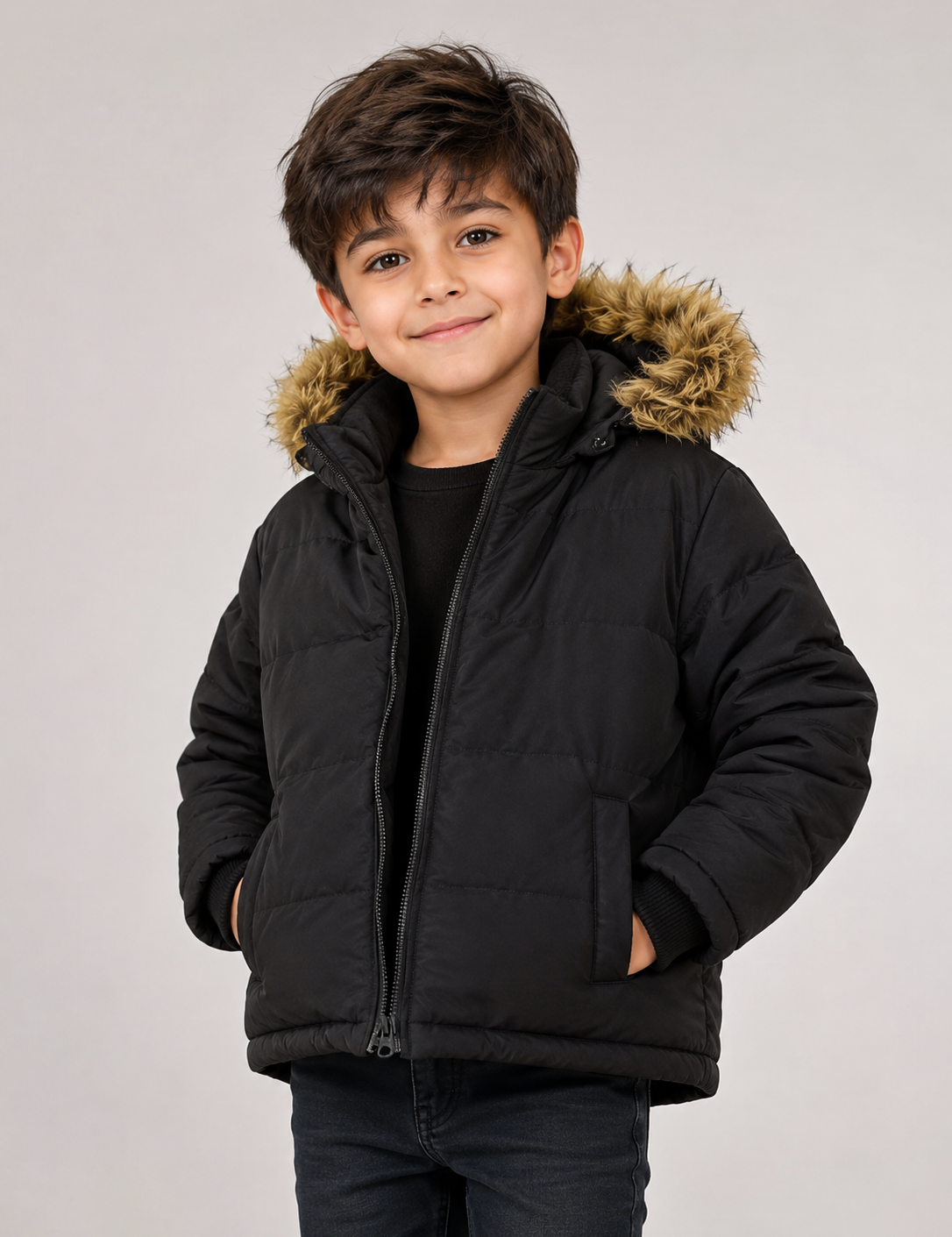 SOULCAL kids black puffer jacket, UK 7–8 years, featuring a warm padded design, faux-fur hood, front pockets and zip fastening.