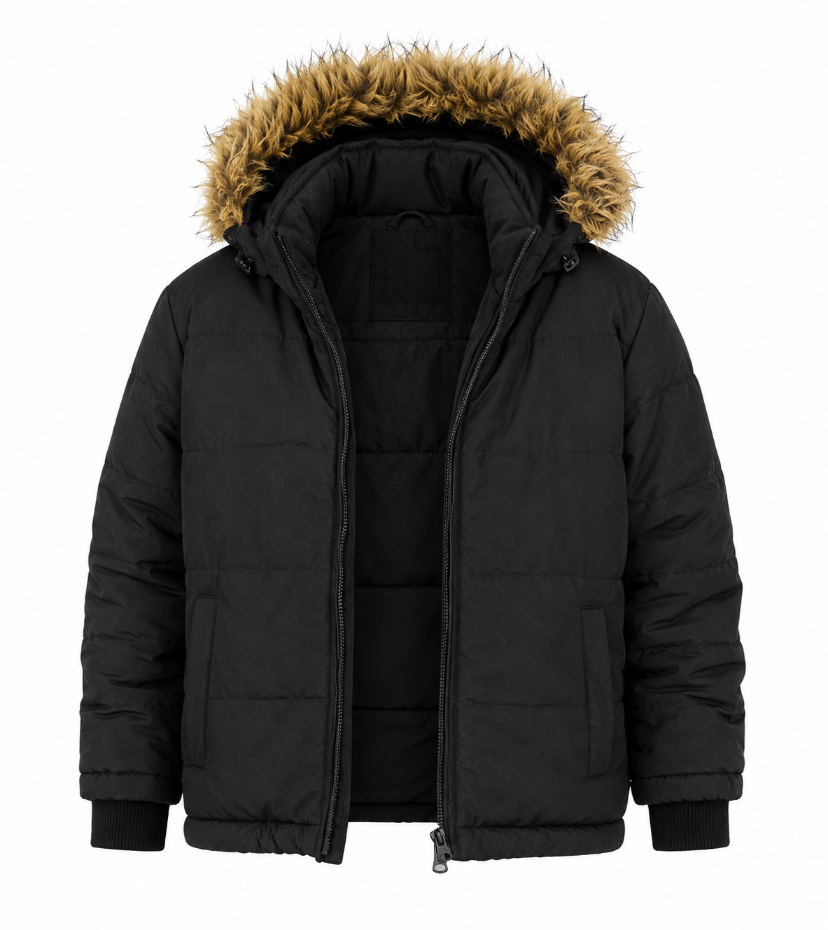 SOULCAL kids black puffer jacket, UK 7–8 years, featuring a warm padded design, faux-fur hood, front pockets and zip fastening.